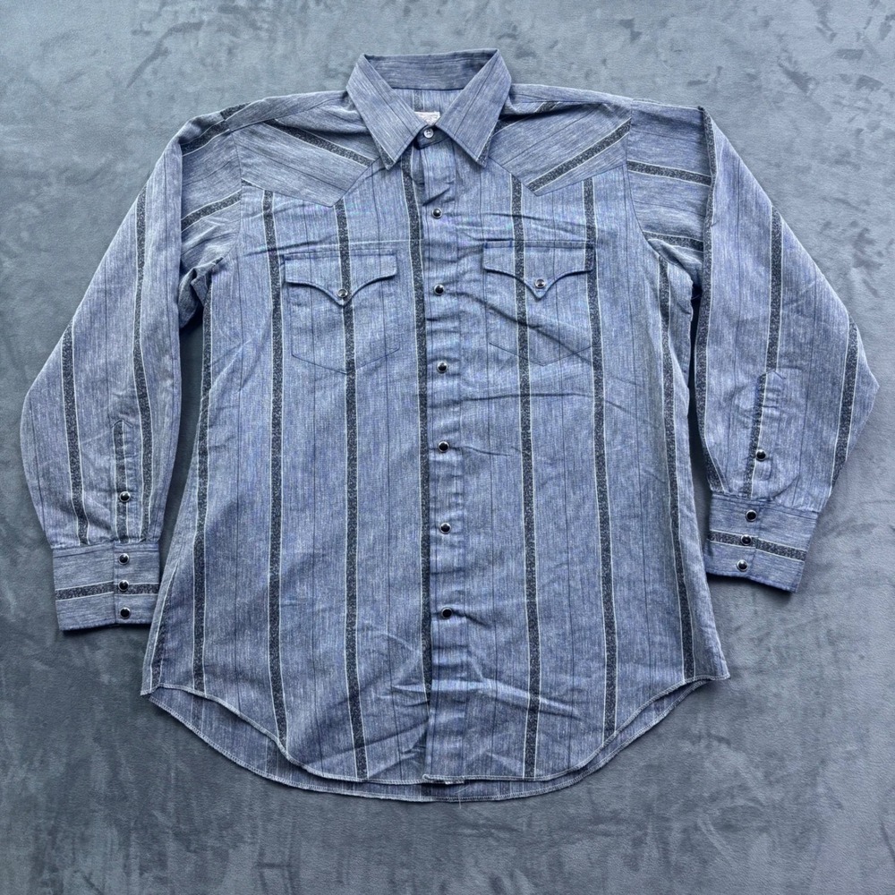 Vintage H Bar C Ranchwear Western Shirt Blue Gray Stripe Pearl Snap USA 16.5x34